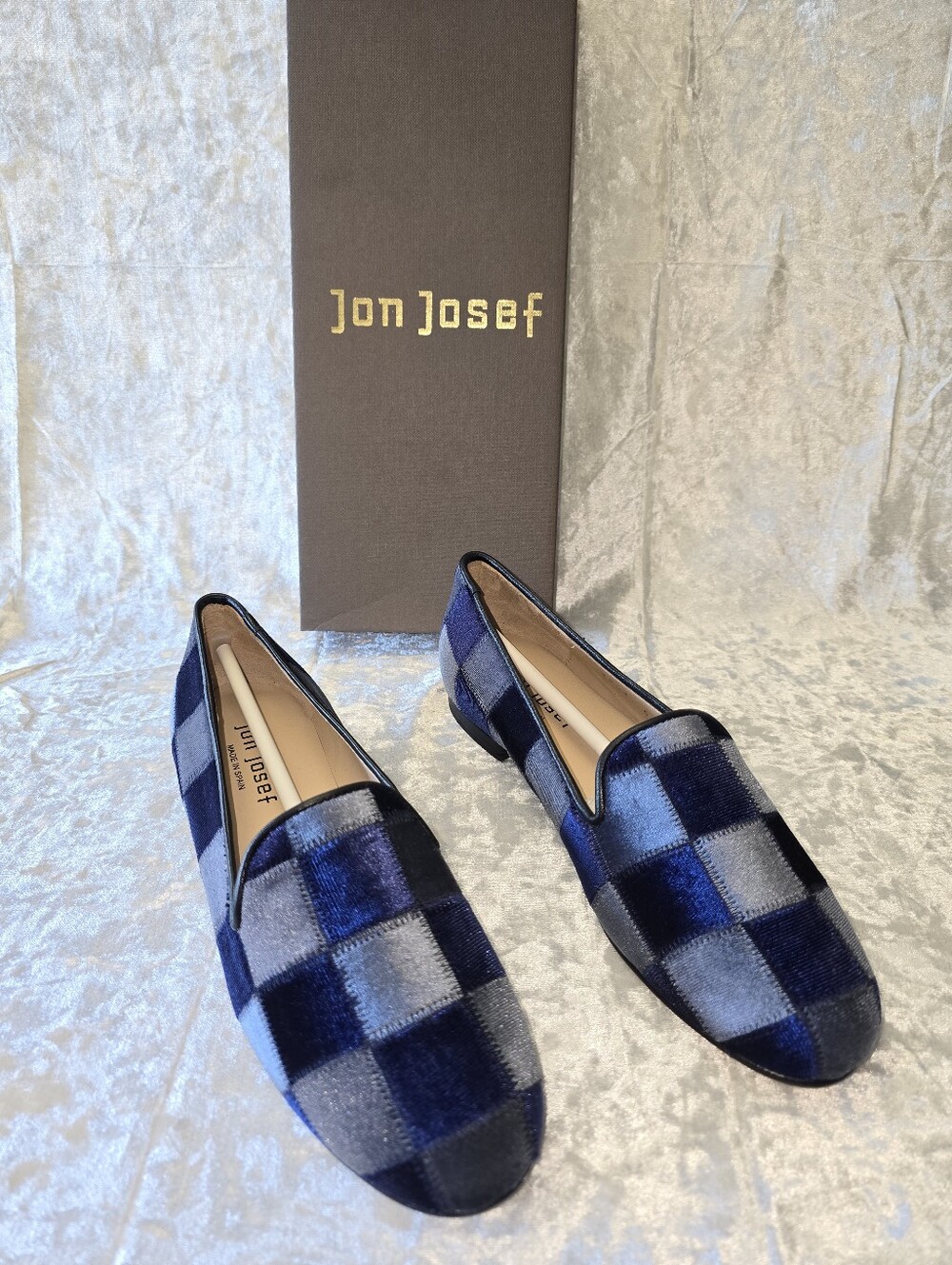 Jon Josef Women's Navy Blue Check Velvet Loafers